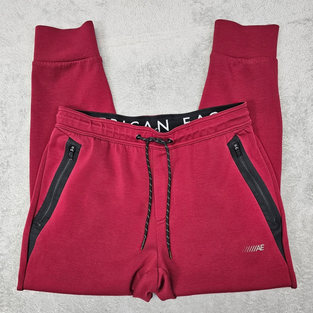 American Eagle Burgundy Jogger Sweatpants Men's Medium Drawstring Zip Pockets